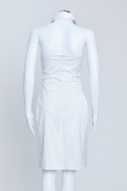 White Cotton Pinstripe Strapless Dress With Collar