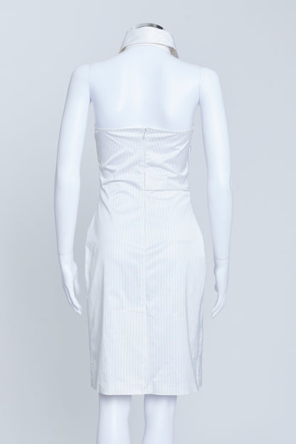 White Cotton Pinstripe Strapless Dress With Collar