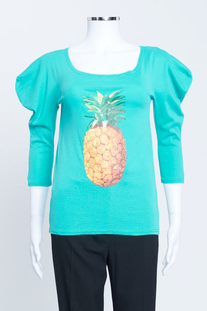 2001 Turquoise Cotton Scoop Neck Top With Pineapple Print And Exaggerated Sleeves