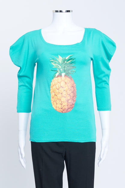 2001 Turquoise Cotton Scoop Neck Top With Pineapple Print And Exaggerated Sleeves