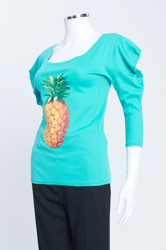 2001 Turquoise Cotton Scoop Neck Top With Pineapple Print And Exaggerated Sleeves