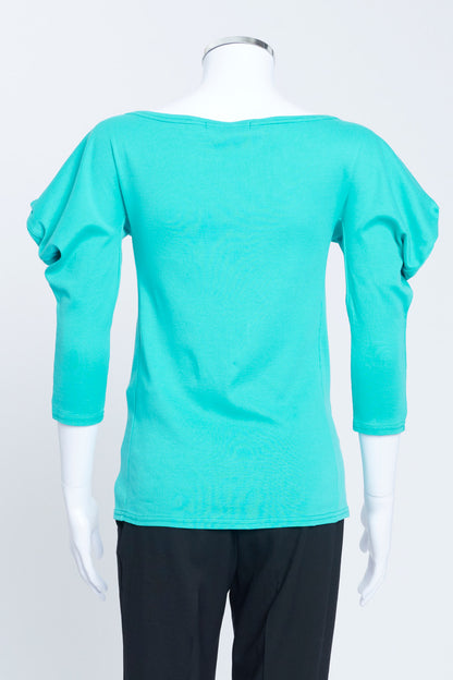 2001 Turquoise Cotton Scoop Neck Top With Pineapple Print And Exaggerated Sleeves