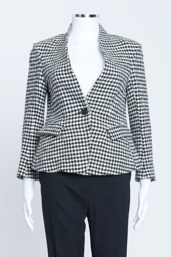 Black and White Wool Blend Tweed Collarless Preloved Short Jacket