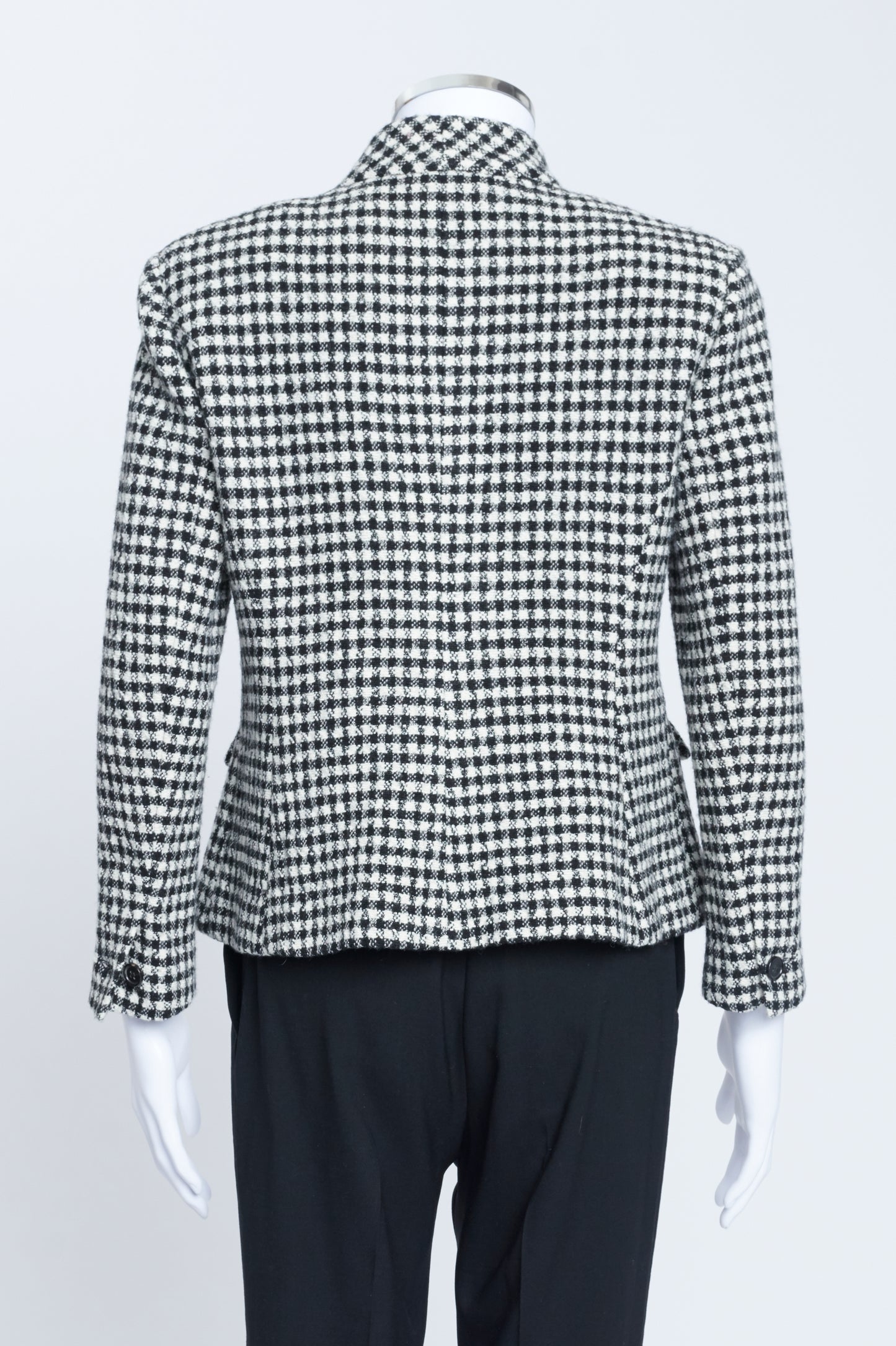 Black and White Wool Blend Tweed Collarless Preloved Short Jacket