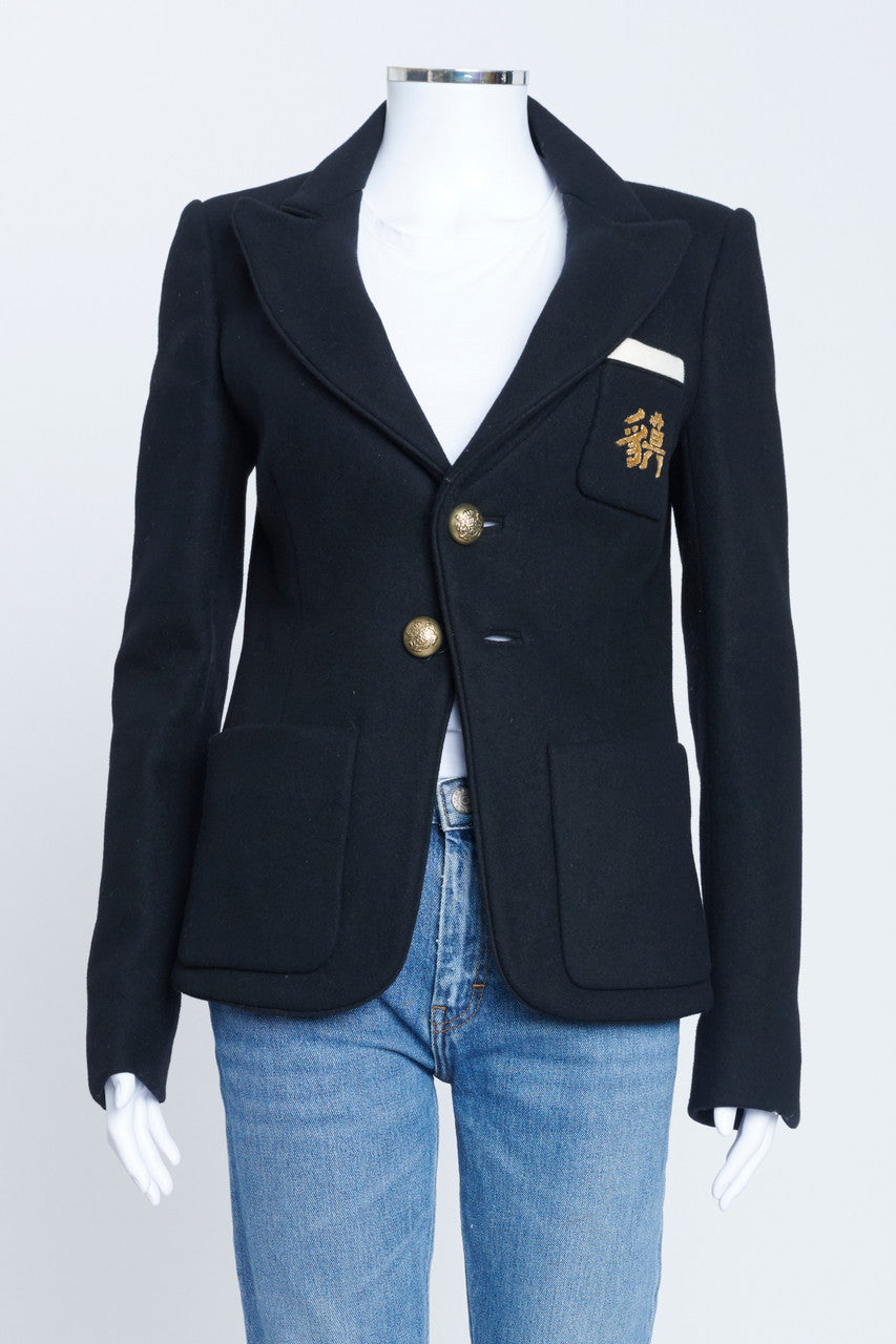 2007 Black Wool Blazer With Breast Pocket Embroidery And Gold Buttons
