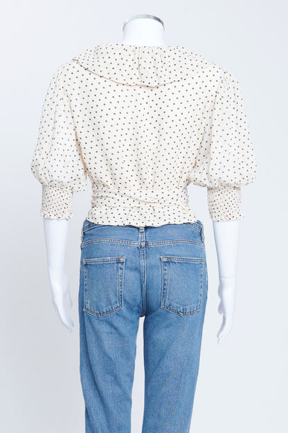 Cream Crepe Polka Dot Preowned Wrap Top with Puff Sleeves