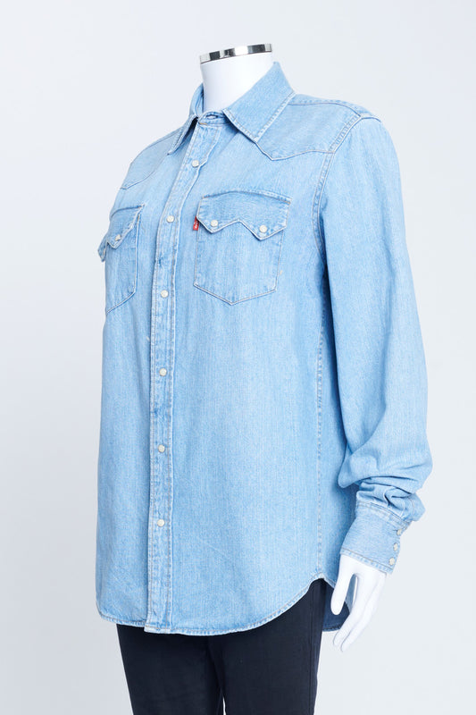 Pale Blue Denim Western Shirt With Pearl Snap Buttons