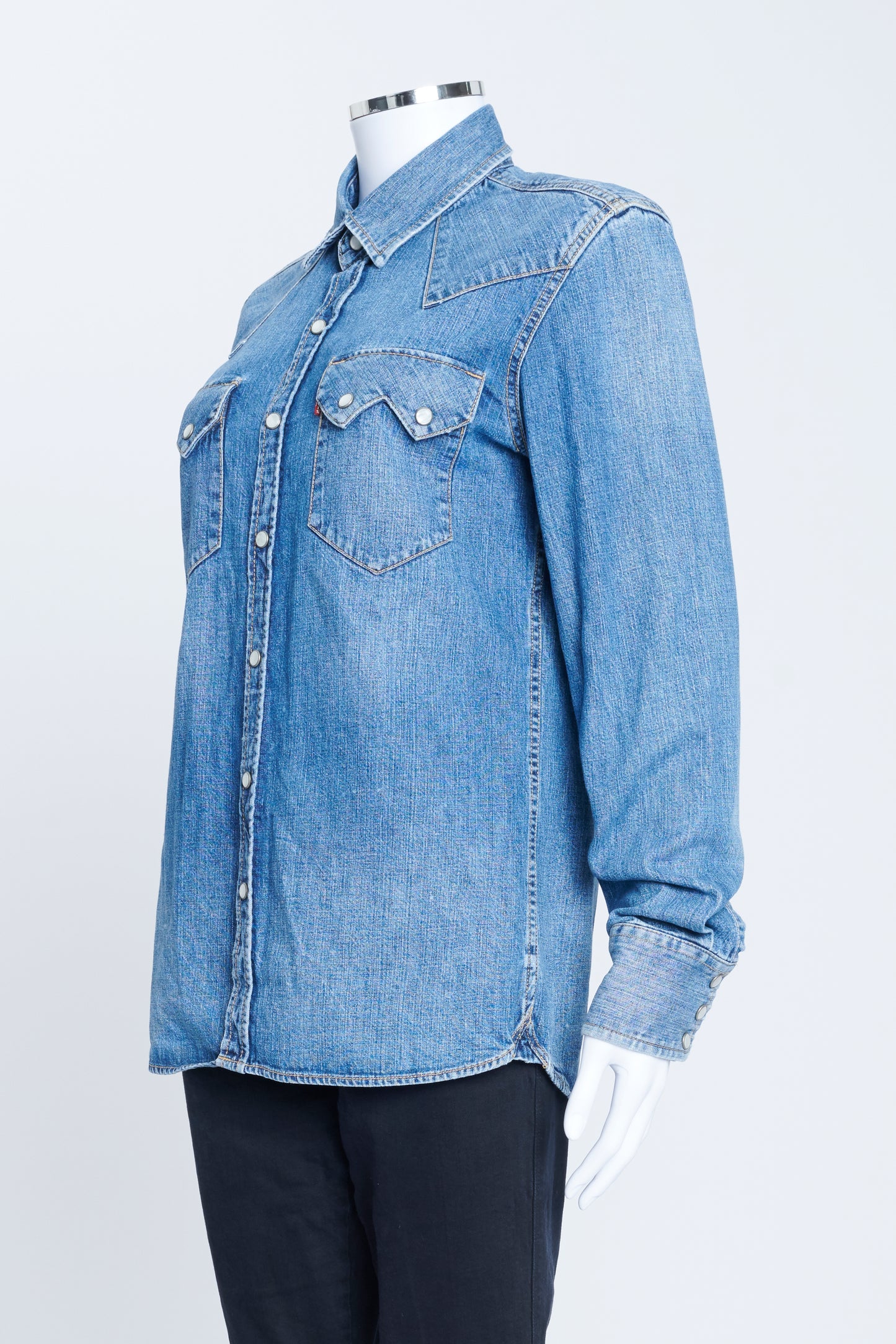 Mid Blue Washed Denim Shirt With Pearl Snap Buttons