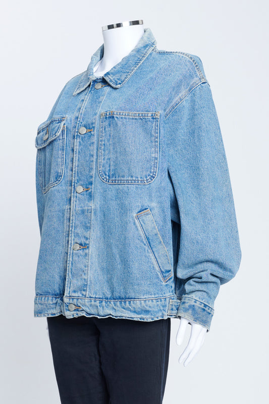 Washed Blue Denim Oversized Vintage Jacket With American Flag Embroidery