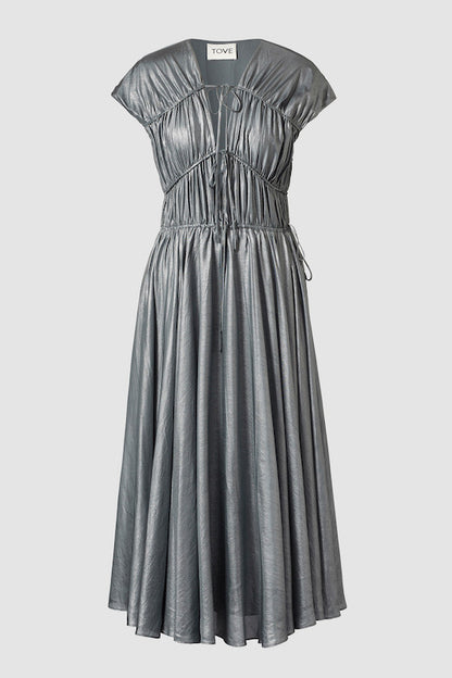 Silver Ceres Metallic Silk Midi Dress