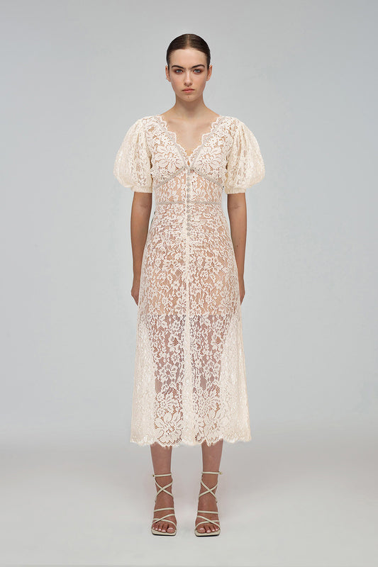 Cream Fine Corded Lace Midi Dress