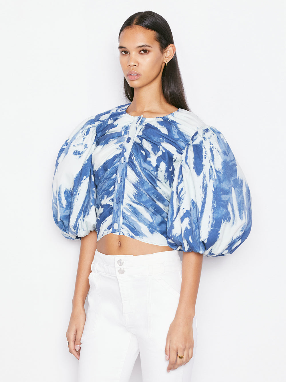 Blue and White Gathered Puff Sleeve Top