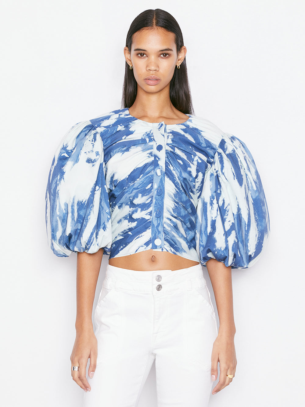 Blue and White Gathered Puff Sleeve Top