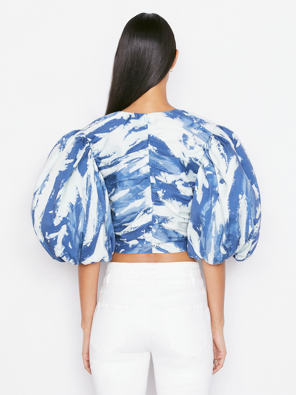 Blue and White Gathered Puff Sleeve Top