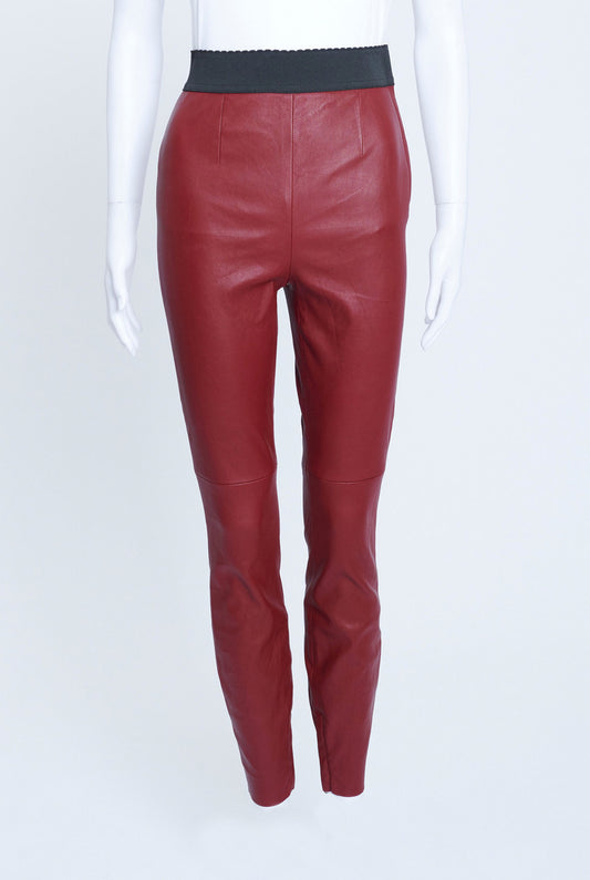 Burgundy Leather Leggings with Black Elastic Waistband