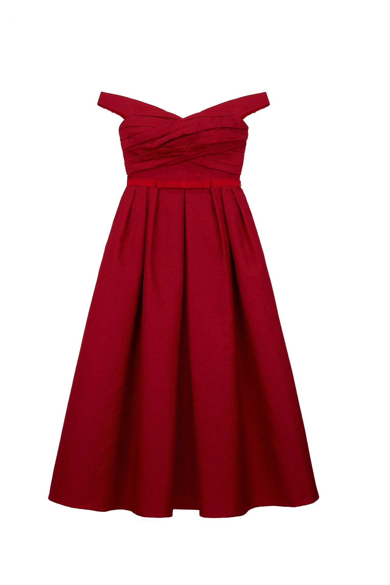 Red Textured Off-Shoulder Midi Dress