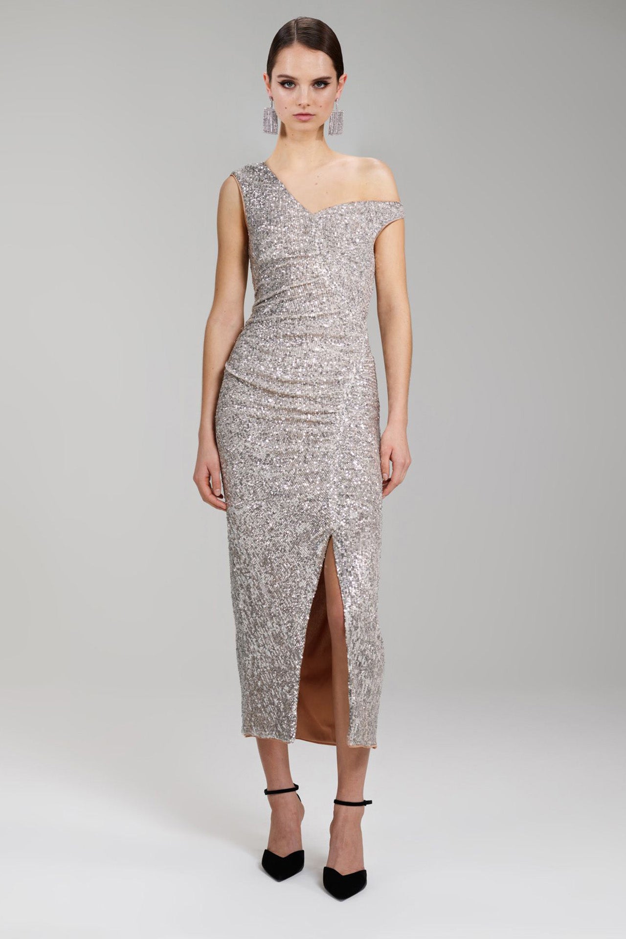 Silver Sequin Gathered Asymmetric Midi Dress