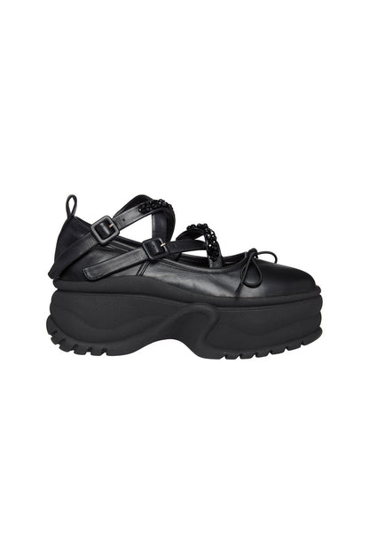 Black Platform Track Sole Ballerina Shoe with Embellishment