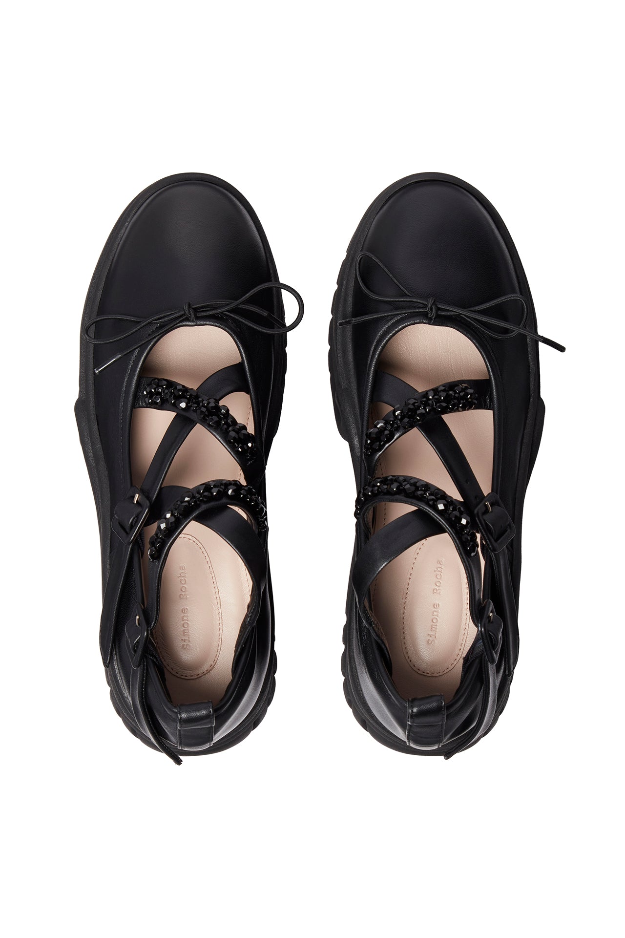 Black Platform Track Sole Ballerina Shoe with Embellishment