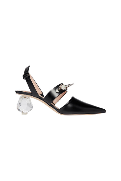 Black Low Perspex Heel Leather Pointed Pump with Beading