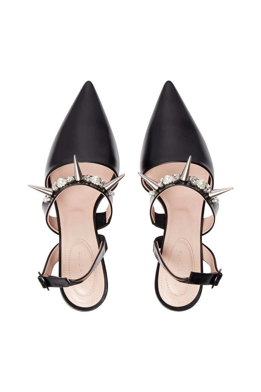 Black Low Perspex Heel Leather Pointed Pump with Beading