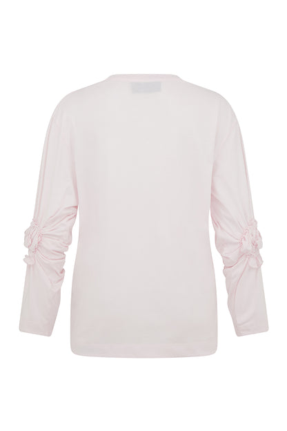 Pink Long Sleeve Ruched Flower T-Shirt