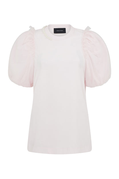 Pink T-Shirt with Tulle Puff Sleeve and Embroidery