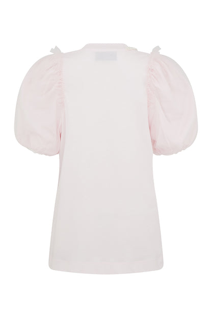 Pink T-Shirt with Tulle Puff Sleeve and Embroidery