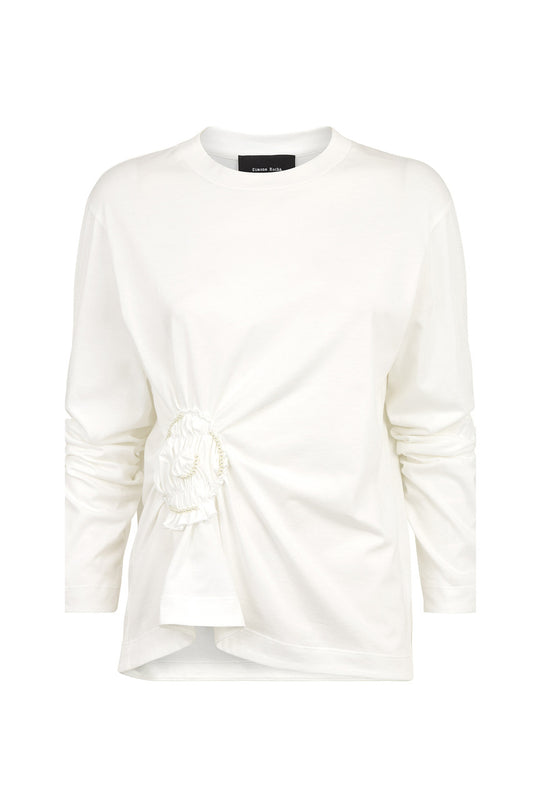 White Long Sleeve Ruched Flower T-Shirt