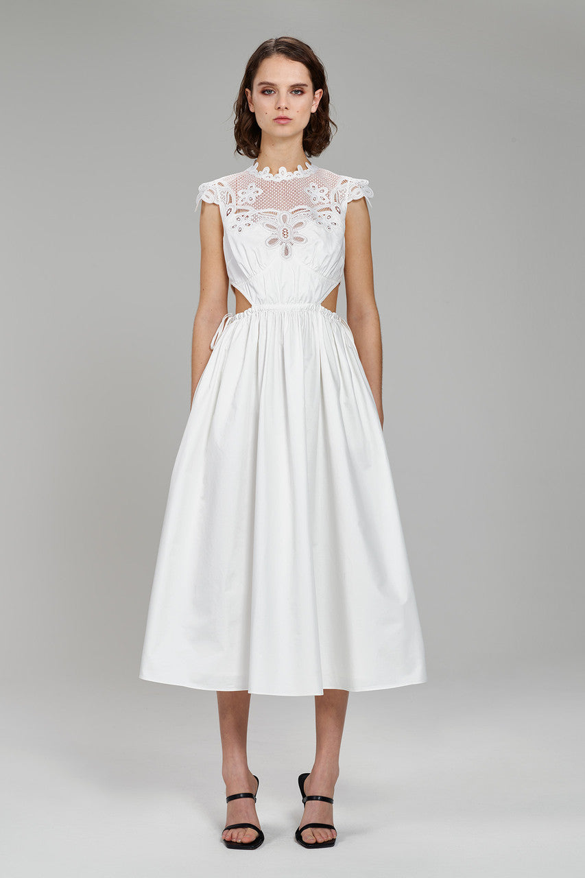 White Cotton Chemical Lace Bib Midi Dress